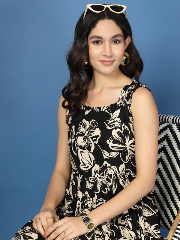 Image of Daevish New Rayon Floral Printed Flared Midi Dress for Women | Women Calf Length Dress