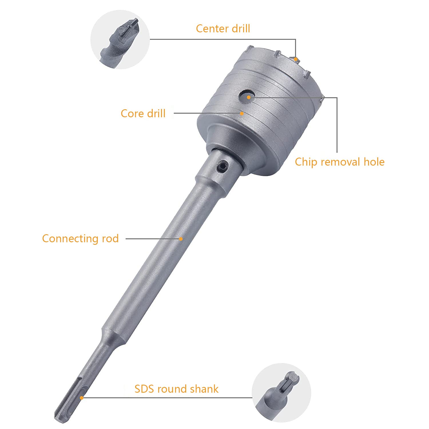 Kit per sega a tazza in calcestruzzo, 30 40 50 68 mm Punta da trapano con gambo SDS Plus 350 mm Manico rotondo per cemento, parete in pietra, condizionatore d'aria per piastrelle in muratura