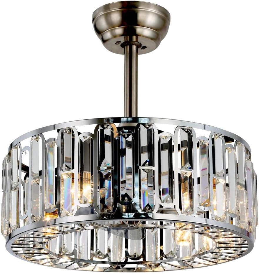 17.7 inch Chrome Chandelier Ceiling Fan with Remote Control 3 Speeds, Crystal Ceiling Fan with E14 Light Indoor Bladeless Fandelier for Dining Room Bedroom