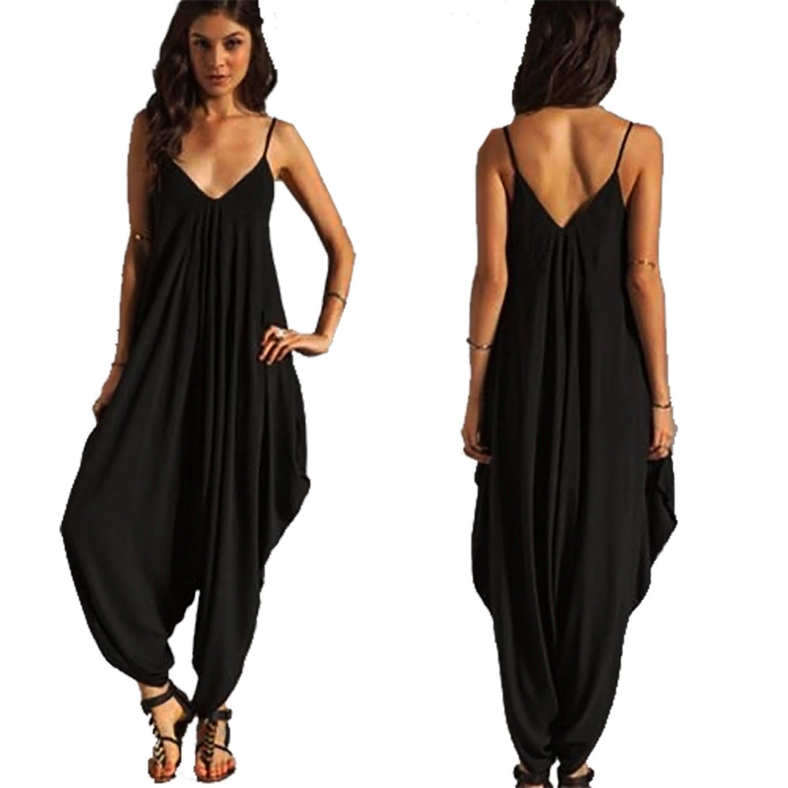 METLUQ M0D4 Ladies Long Harem Jumpsuit Playsuit Plain Baggy Romper Ankle Long Leg 8-20