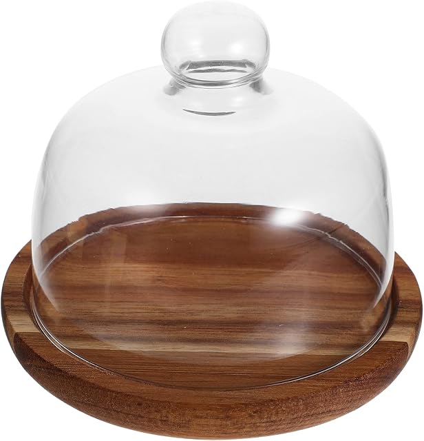 Operitacx Cake Tray with Dome, Cake Stand with Dome, Round Wood Cake Stand, Cake Stand with Clear Cloche Dome, Cake Display with Glass Cover, Food Plate with Lid, Cheese Board 13CM