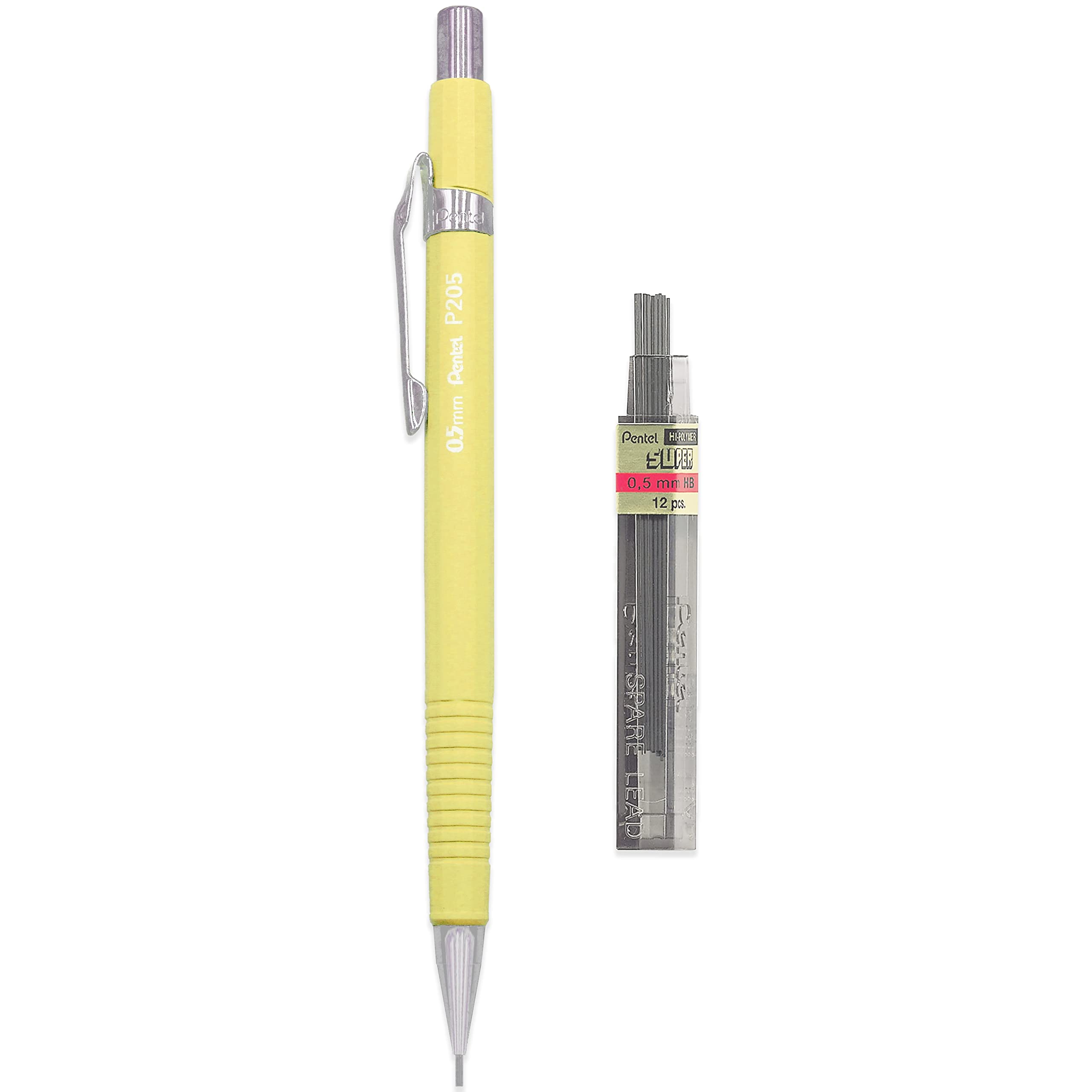 Pentel P205 Druckbleistift – Pastellgelb (Mimose), 0,5 Mm, Inkl. 12 HB-Minen, Mit Metallclip
