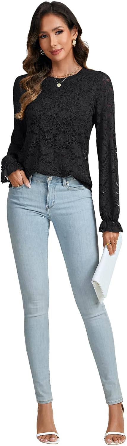 Rooscier Women's Floral Lace Sheer Crew Neck Flounce Long Sleeve Double Line Blouse Tops - Image 6