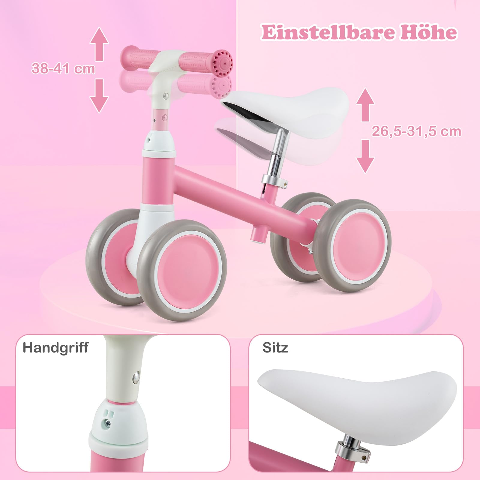 COSTWAY Laufrad ab 1 Jahr, Lauflernrad mit 4 Räder, Baby Spielzeug mit höhenverstellbarem Griff und Sitz, Balance Rutschrad, Geschenk für Jungen und Mädchen zum 1 Geburtstag