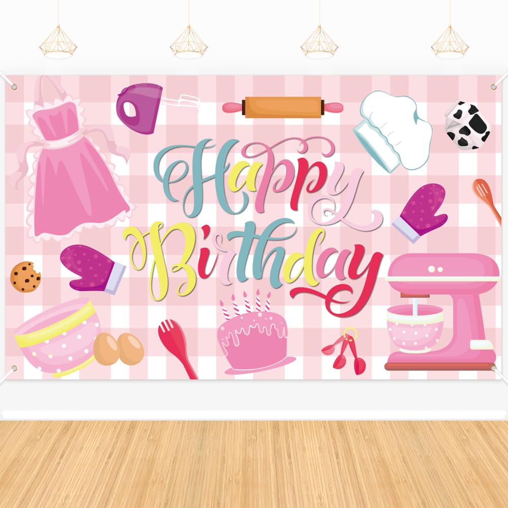 Happy Birthday Backdrop Baking Party Decorations, Macaroon Color Sweet Cake Cook Baker Banner Photo Background - Little Chef Girls Kids Birthday Cooking Party Supplies Bakery Cookie Themed Decorations