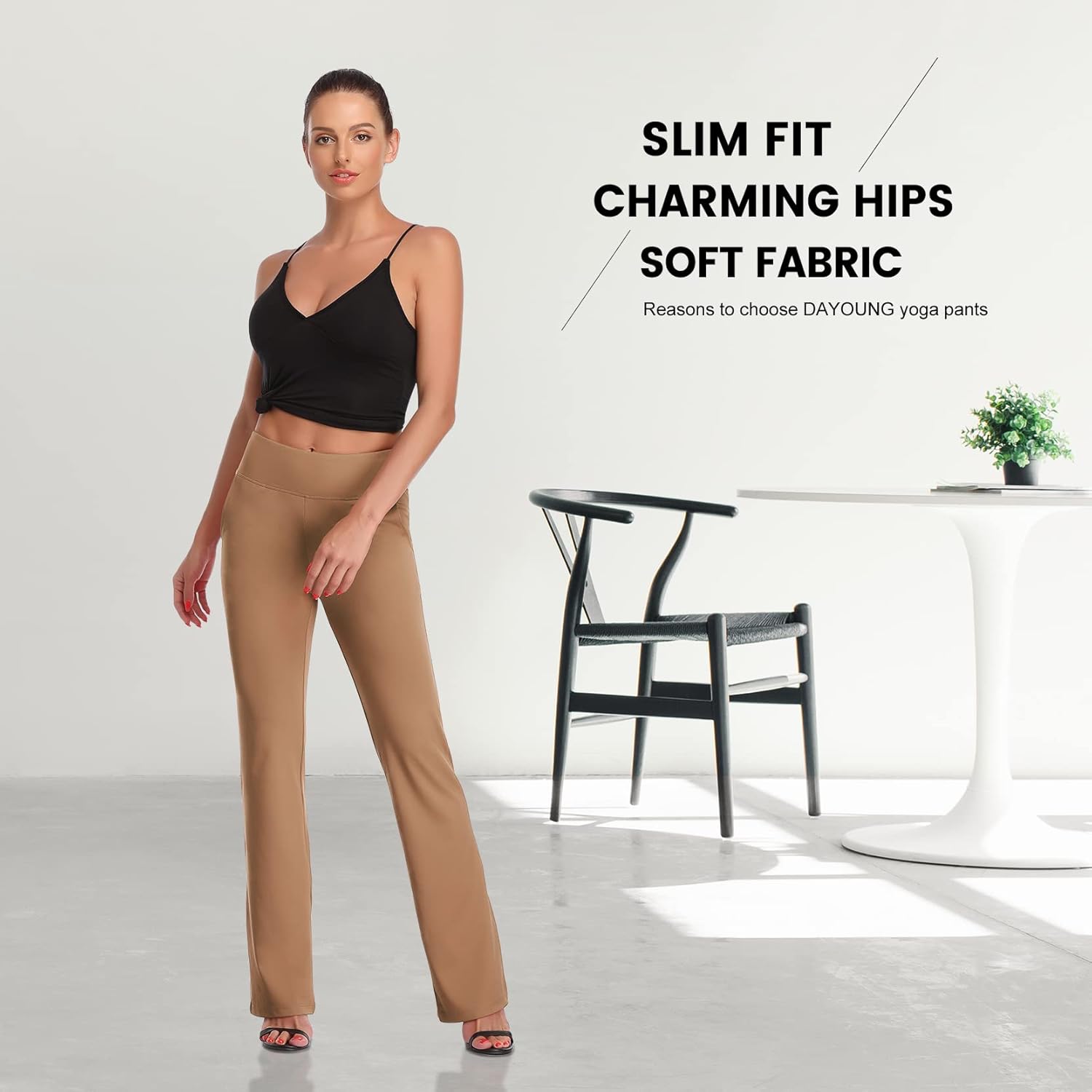 DAYOUNG Women's Yoga Dress Pants Tummy Control Workout High Waist Bootcut Stretchy Slacks Y52A-Brown-M - Image 5