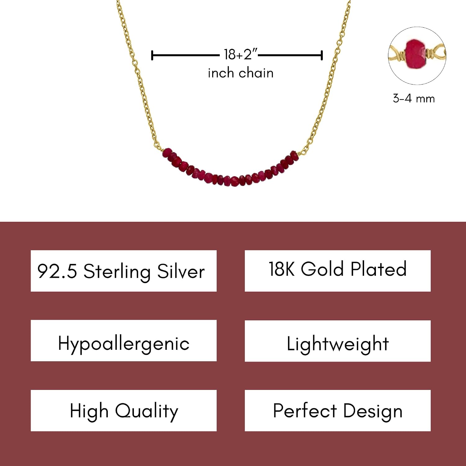 Ruby Necklace for Women, Premium Gold Beaded Bar Necklaces for Women - Tarnish Free 18K Gold Vermeil Certified S925 Gold Jewelry for Women - Mothers Day Gifts for Mom Wife