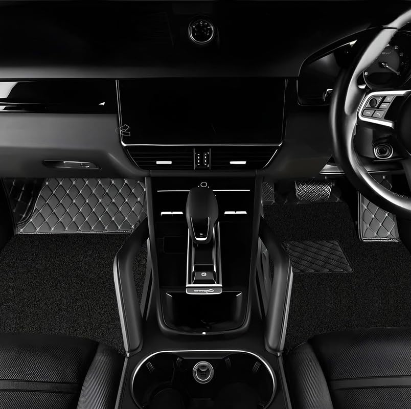 Image of NEXTA Premium Faux Leather 7D Car Floor Mats for MG Majestor - 7 Seater (All 3 Rows) || Luxury Leather with Grass Mat Complete Set || 100% Waterproof and Washable (Color Black & Silver)