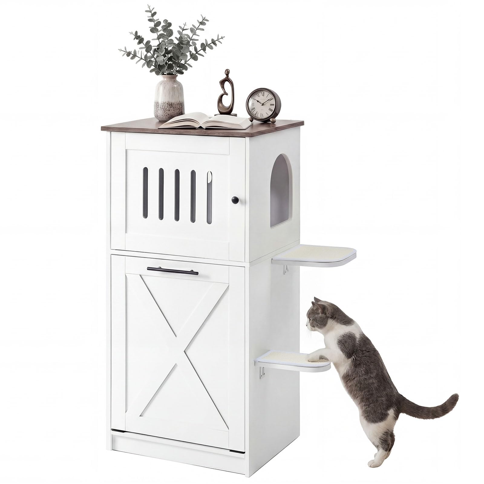 COSTWAY Katzenklo Schrank, Katzenschrank mit 2 Sisal-Kratzmatten, Plattformen & Klappfach, 3 in 1 Katzenhaus Katzentoilette Beistelltisch, Holz, Katzenmöbel für Wohnzimmer, modern, Weiß
