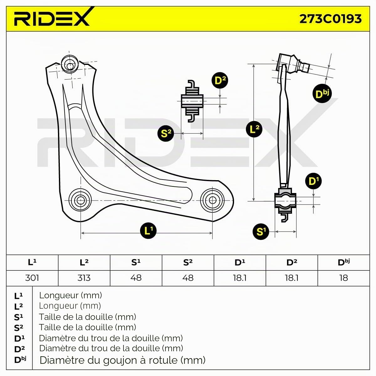 RIDEX 273C0193 Bras de suspension Avant Droite avec rotule de suspension avec support en caoutchouc Compatible avec CITROËN C3 I 3/5 portes FC, FN