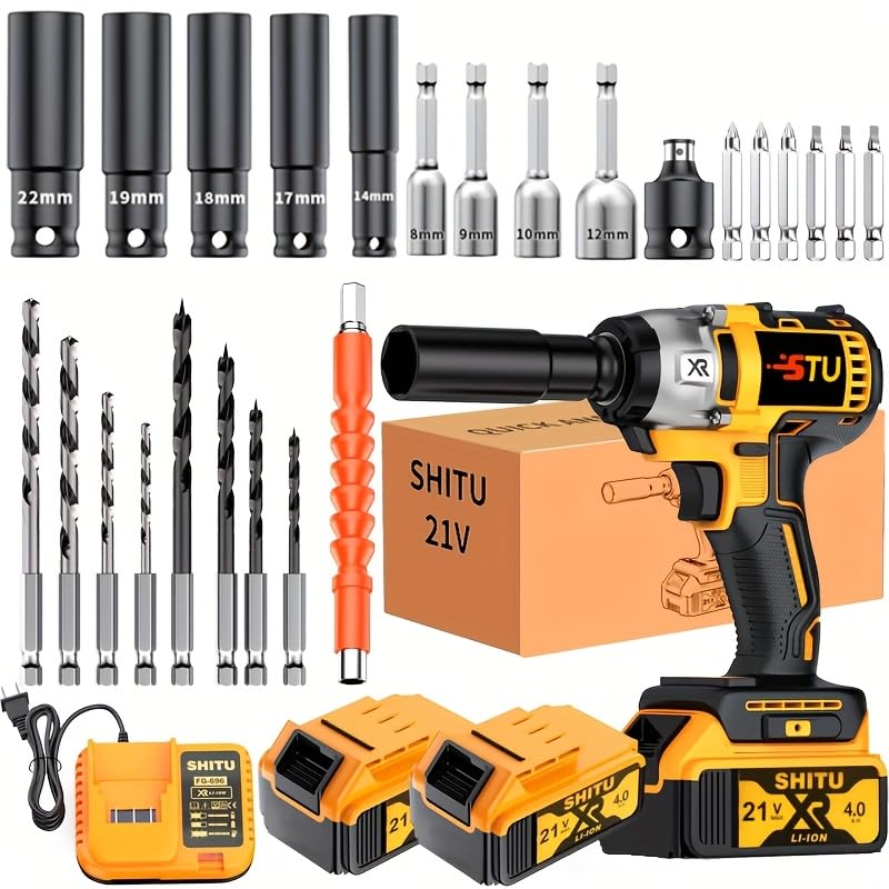 Cordless impact wrench kit, impact with charger, lithium-ion, portable, fast charger - electric tools suitable for home and car maintenance and repair use (Battery*2 + Accessories)