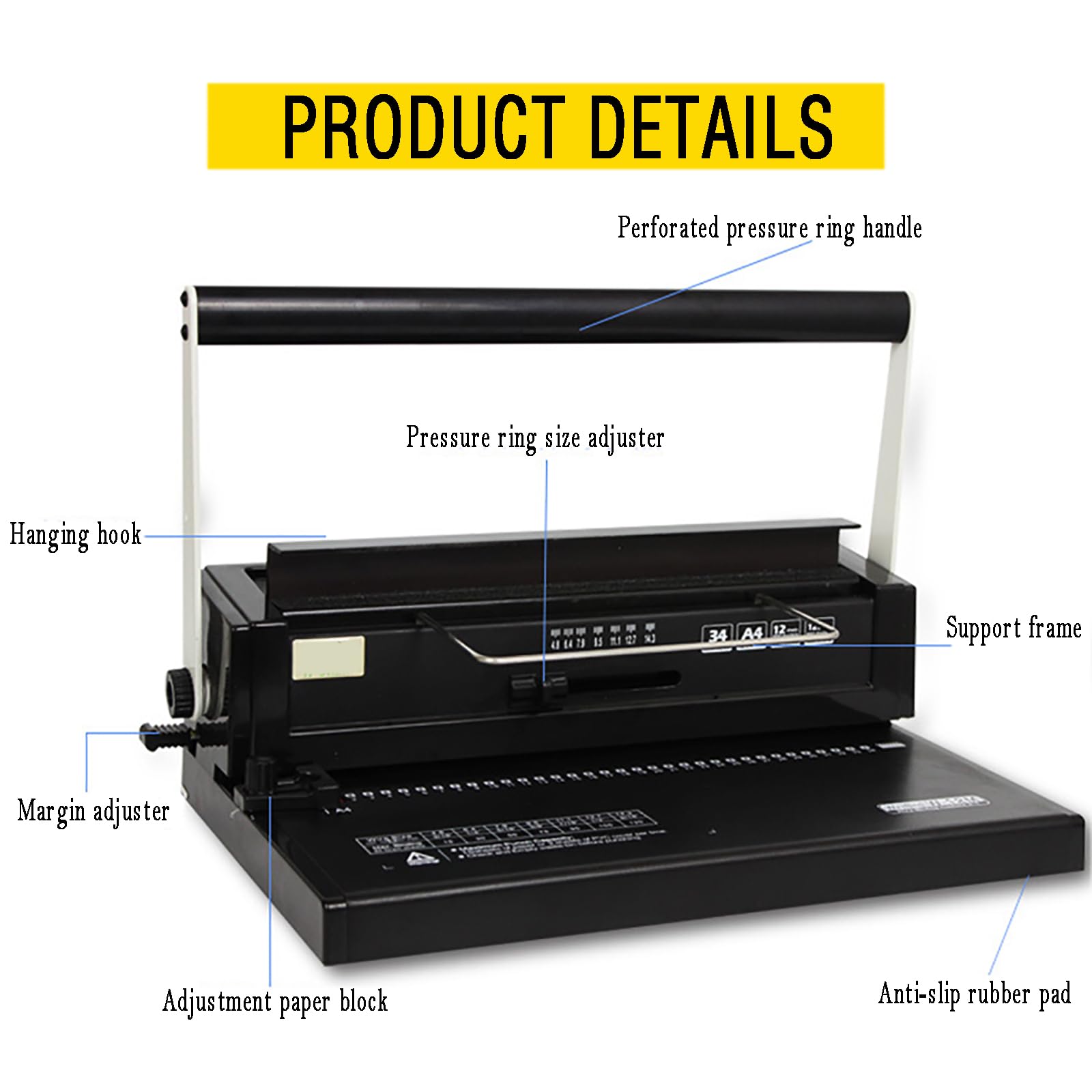 KEhtu Machine À Relier Les Bobines, Perforatrice De Papier en Spirale A4 À 34 Trous, Marges De 2,5 Mm, 4,5 Mm Et 6,5 Mm Réglables, Capacité De Reliure : 120 Feuilles