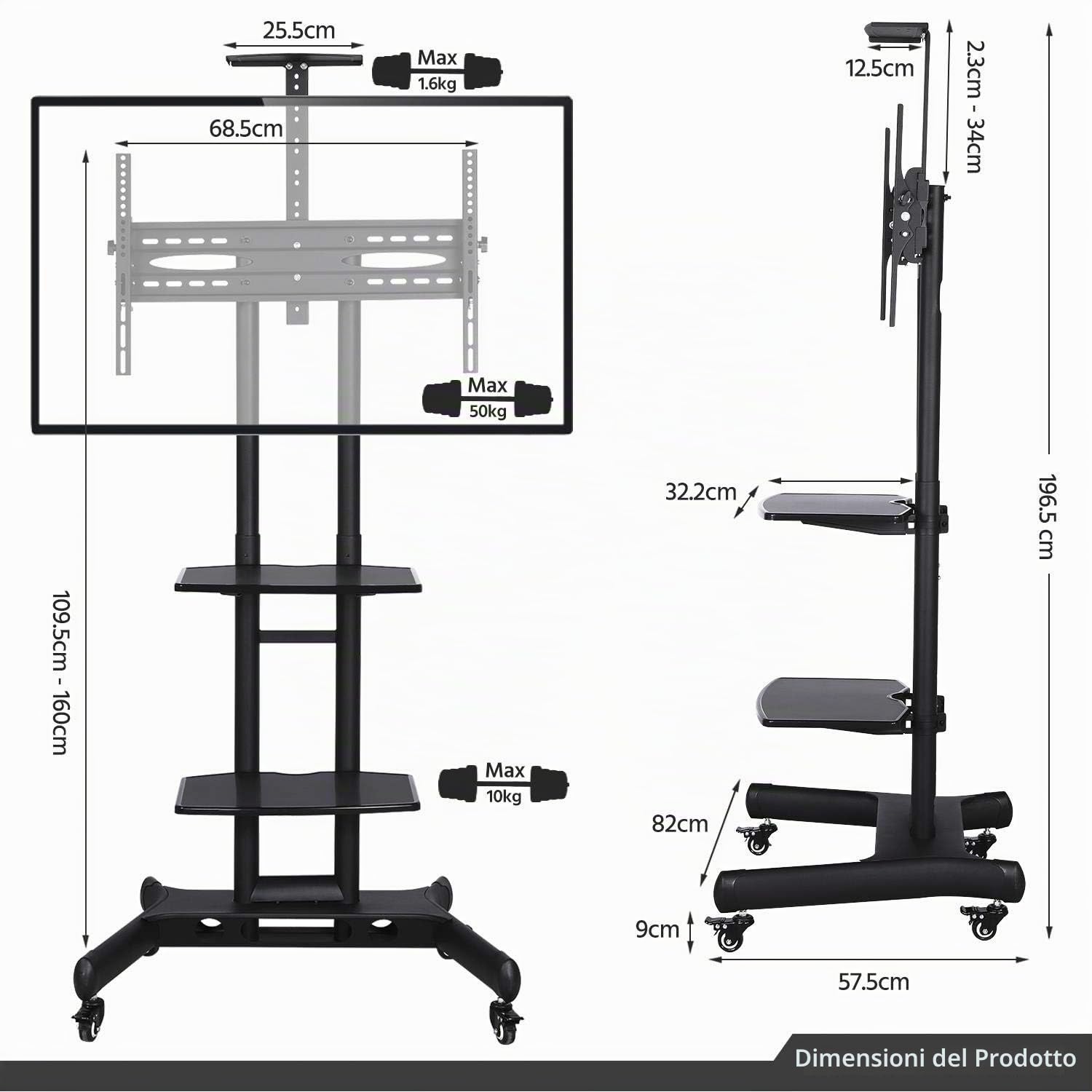 Yaheetech Supporto TV Porta Schermi da 30 a 60 Pollici | Carrello Mobile Portata 50 Kg Pavimento Altezza Regolabile Ultra Stabile Inclinabile 3 Ripiani Max Vesa 400 x 600 mm