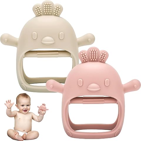 Paquete de 2 juguetes de dentición para bebé, manoplas de dentición para bebés, silicona Mordedor Bebe 3-6 6-12 Meses, regalos de ducha para aliviar la dentición, juguetes masticables
