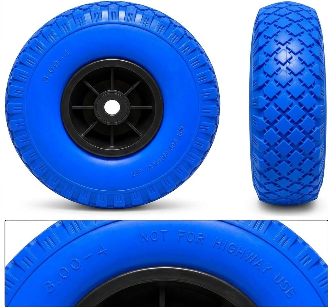 Sackkarrenrad 3.00-4 PU Pannensicher (4er Set) – Blaue Ersatzräder mit schwarzer Kunststofffelge – Vollgummi Reifen für Handwagen, Sackkarren & Bollerwagen – Unplattbar, blau/schwarz