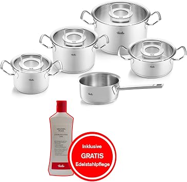 Fissler Original Profi Collection Stainless Steel Cooking Pot Set 5 Pieces with Glass Lid + Free Stainless Steel Care Induction Silver