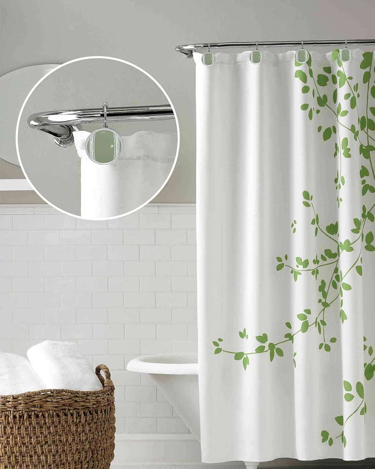 Shower Curtain Hooks 12 Pcs Sage Dark Green White Striped Stainless Steel Rust Proof Rolling Shower Curtain Rings, Decorative Shower Curtain Hooks Hangers for Bathroom