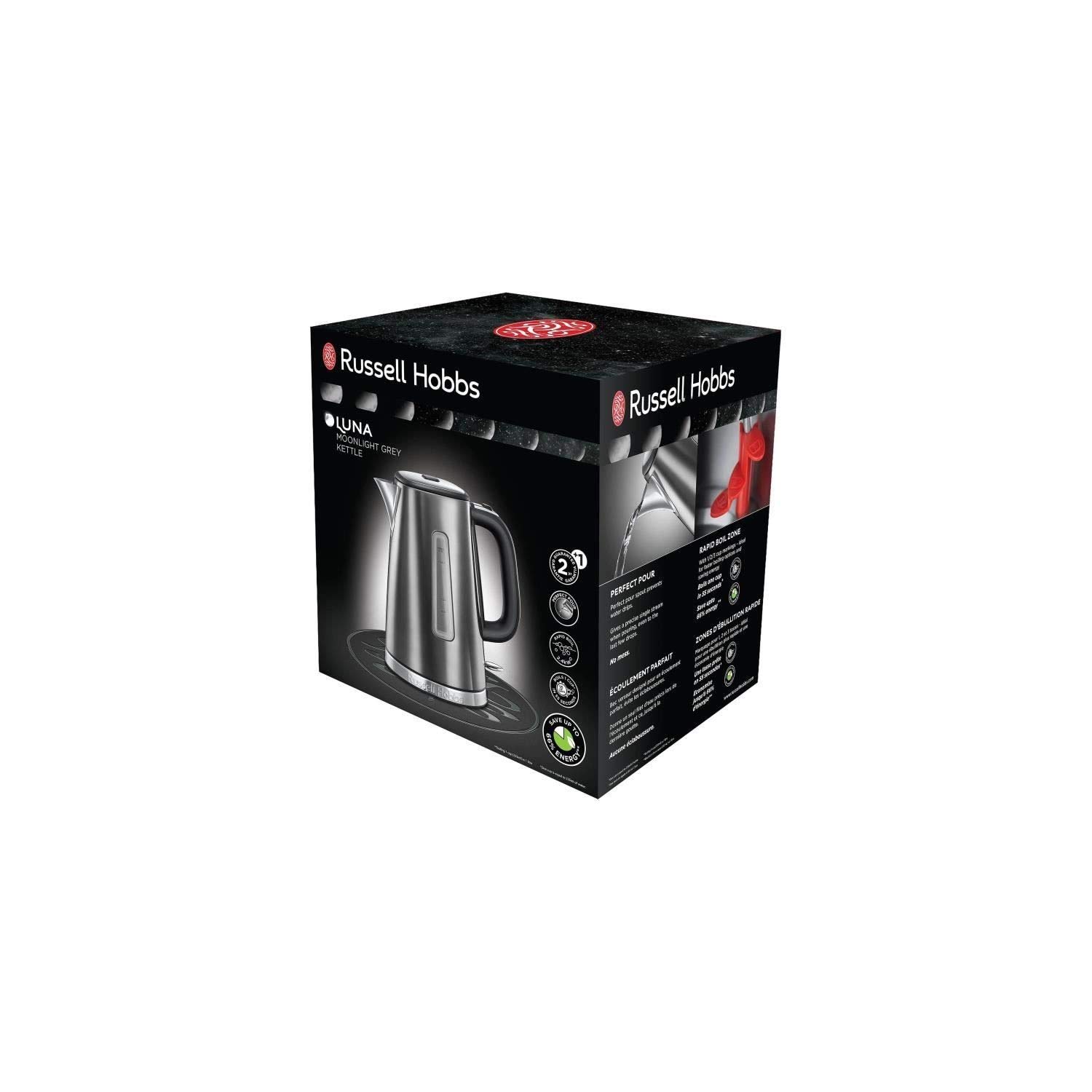 Russell Hobbs Bollitore Elettrico Luna 1,7 L 2400 W, Ebollizione Rapida 55 sec., Avvolgicavo, Base Girevole 360°, Acciaio Inox Grigio Scuro – 23211-70