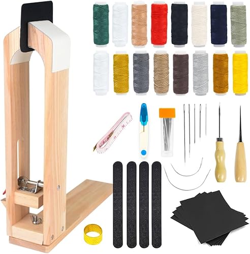 FASTTOBUY Poni de puntada, mesa de poni de costura de cuero, poni de escritorio, abrazadera de caballo de cuero con 4 tiras de arena y 4 papeles de