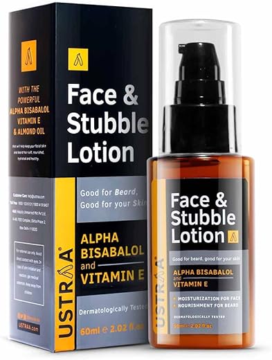 Ustraa Face & Stubble Lotion 60 ml – for Beard Softening, Dermatologically Tested, with Vitamin E & Almond Oil, No Mineral Oils, No Silicones, No…