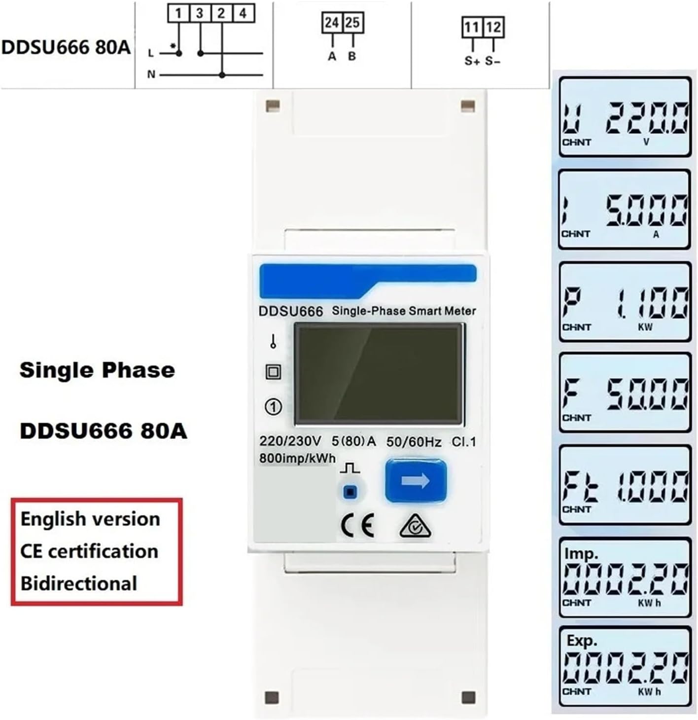 DDSU666 80A Single-Phase Meter Connection Diagram and Display