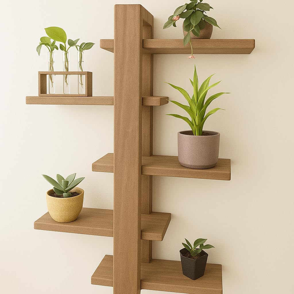 Rack Prateleira Suspensa Nicho C/5 Andar Madeira Maciça Para Plantas Sala, Quartos e Quintal (5,Nogueira)