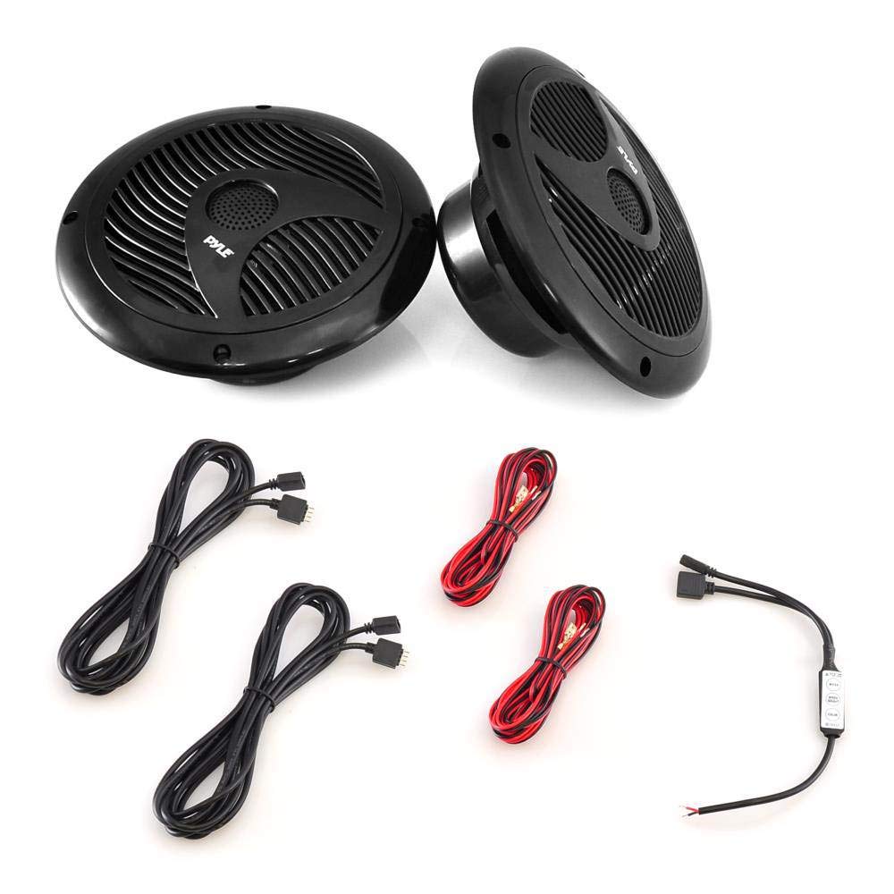 Pyle 6.5” Dual Marine Speakers - IP44 Waterproof and Weather Resistant Outdoor Audio Stereo Sound System with Built-in Led Lights, 150 Watt Power and Polypropylene Cone - 1 Pair - PLMR6LEB (Black)