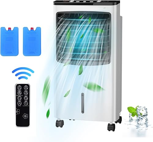 FANTASK - Enfriador de aire portátil eléctrico, 3 modos, 3 velocidades y temporizador, ventilador con pantalla digital, caja de cristal de hielo y