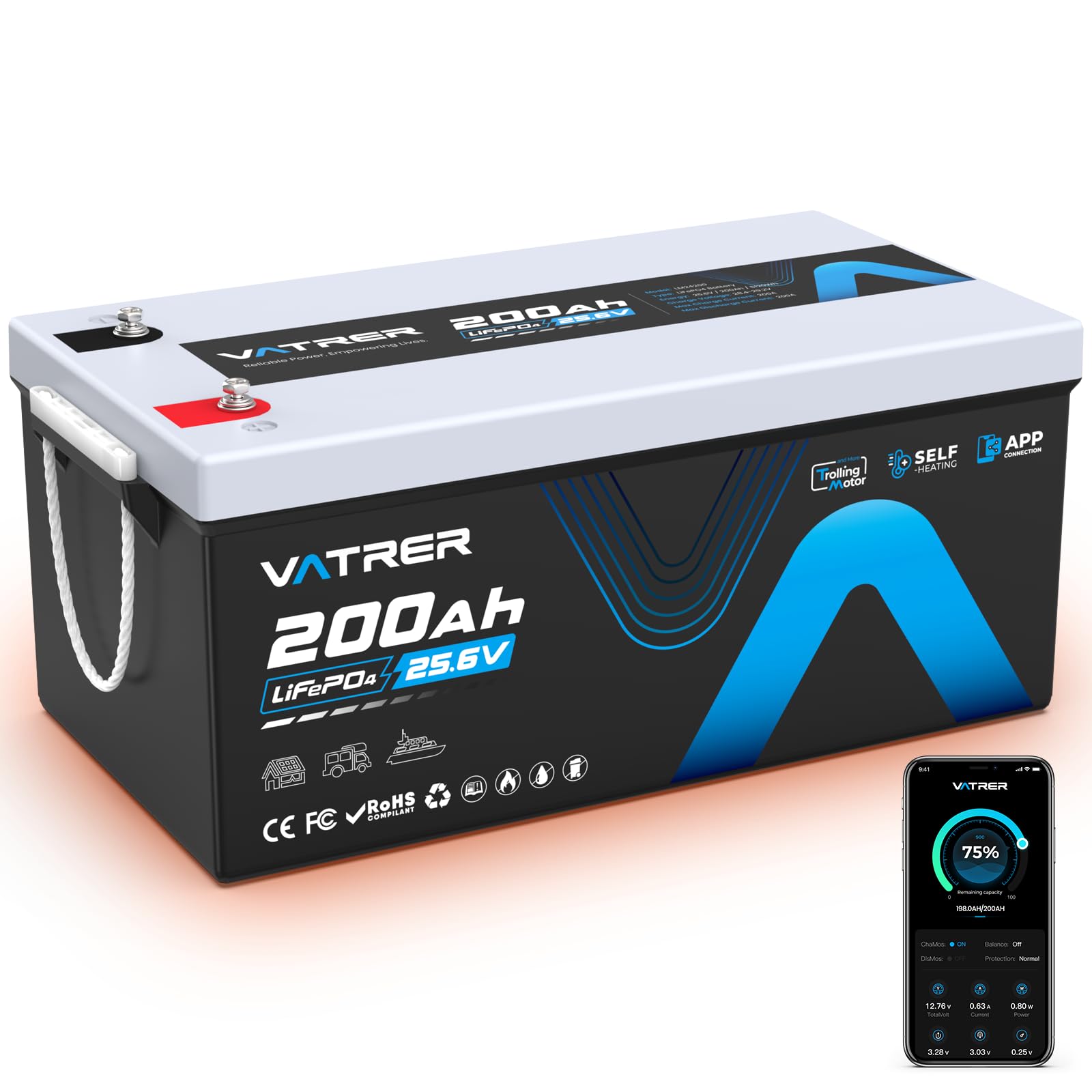 VATRER POWER 24V 200Ah LiFePO4 Batterie mit Selbstheizung | 200A BMS, Bluetooth App, Laden bis -20 °C, 5000+ Zyklen, ideal für Wohnmobil, Solar, Off-Grid und Energiespeicher