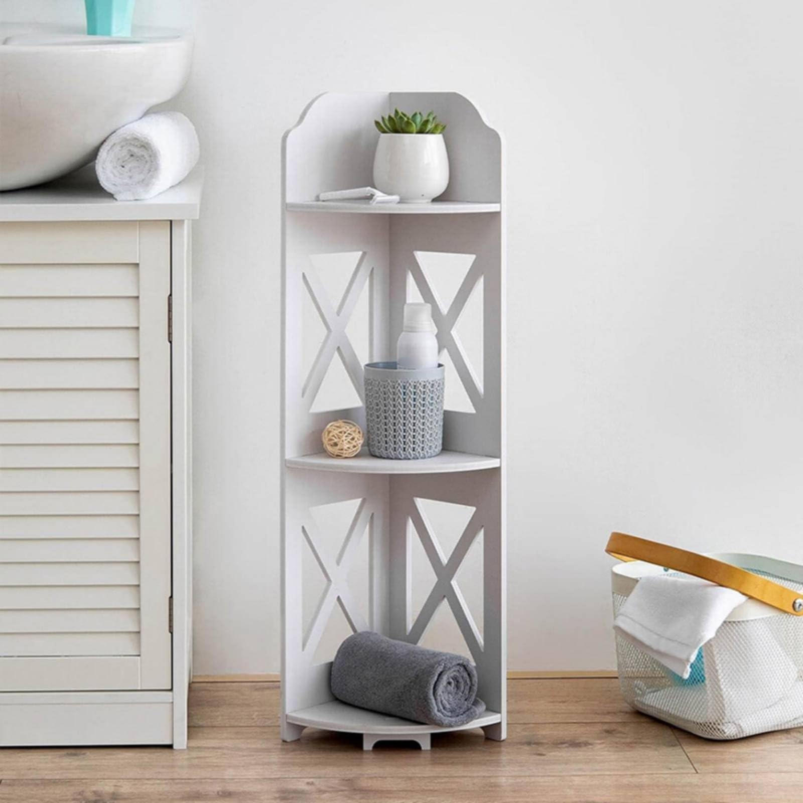 Amagogo Étagère d'Angle Salle de Bain Étagère de Meuble de Rangement Support à Trois Étagères PVC sans Outil Adaptée à Salle de Bain Salon Balcon, Étagère D Angle En X De 80 Cm De Haut