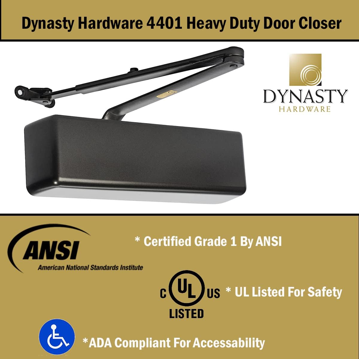 Dynasty Hardware Heavy Duty Hydraulic Door Closer Set, Adjustable Size 1-6, Grade 1, UL Listed, ADA Compliant, 4401 & 8500 Series, Sprayed Aluminum & Duronotic Finish