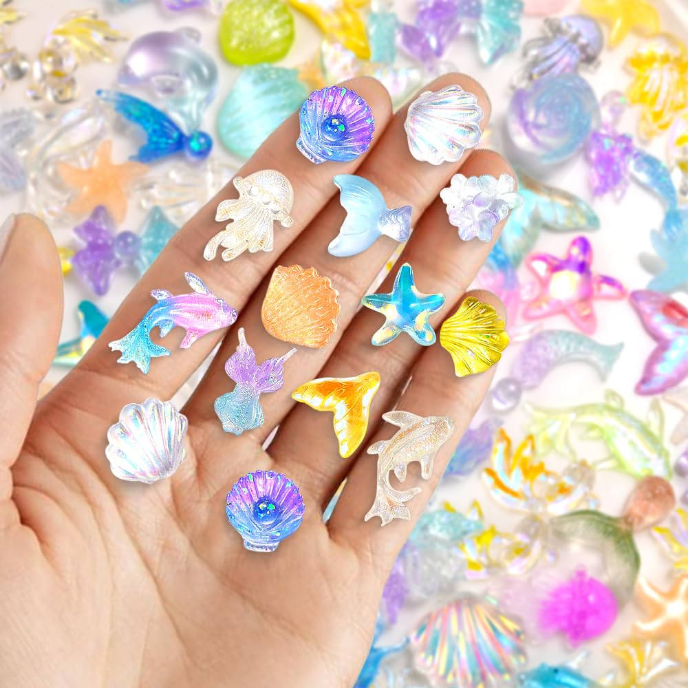 100pcs Ocean Nail Charms 3D Resin Jellyfishes Seashell Conch Starfish Charm Dolphin Fish Shell Charms for Nails Design Women Summer Sea Nail Art