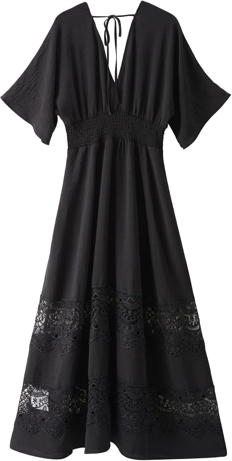 Women's Lace Maxi Dress Short Sleeve V Neck Party Dress Smocked Waist Boho Maxi Dress Bohemian Dress for Women - Image 2