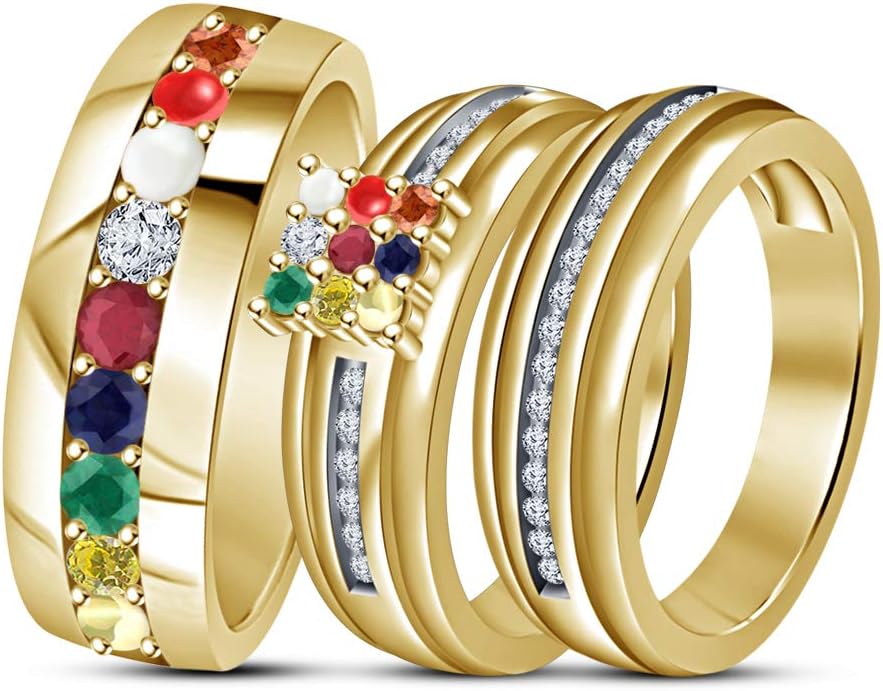 Dividiamonds 925 Sterling Silver 14k Yellow Gold Over His & Her Gemstone Navratna Trio Ring Set Wedding