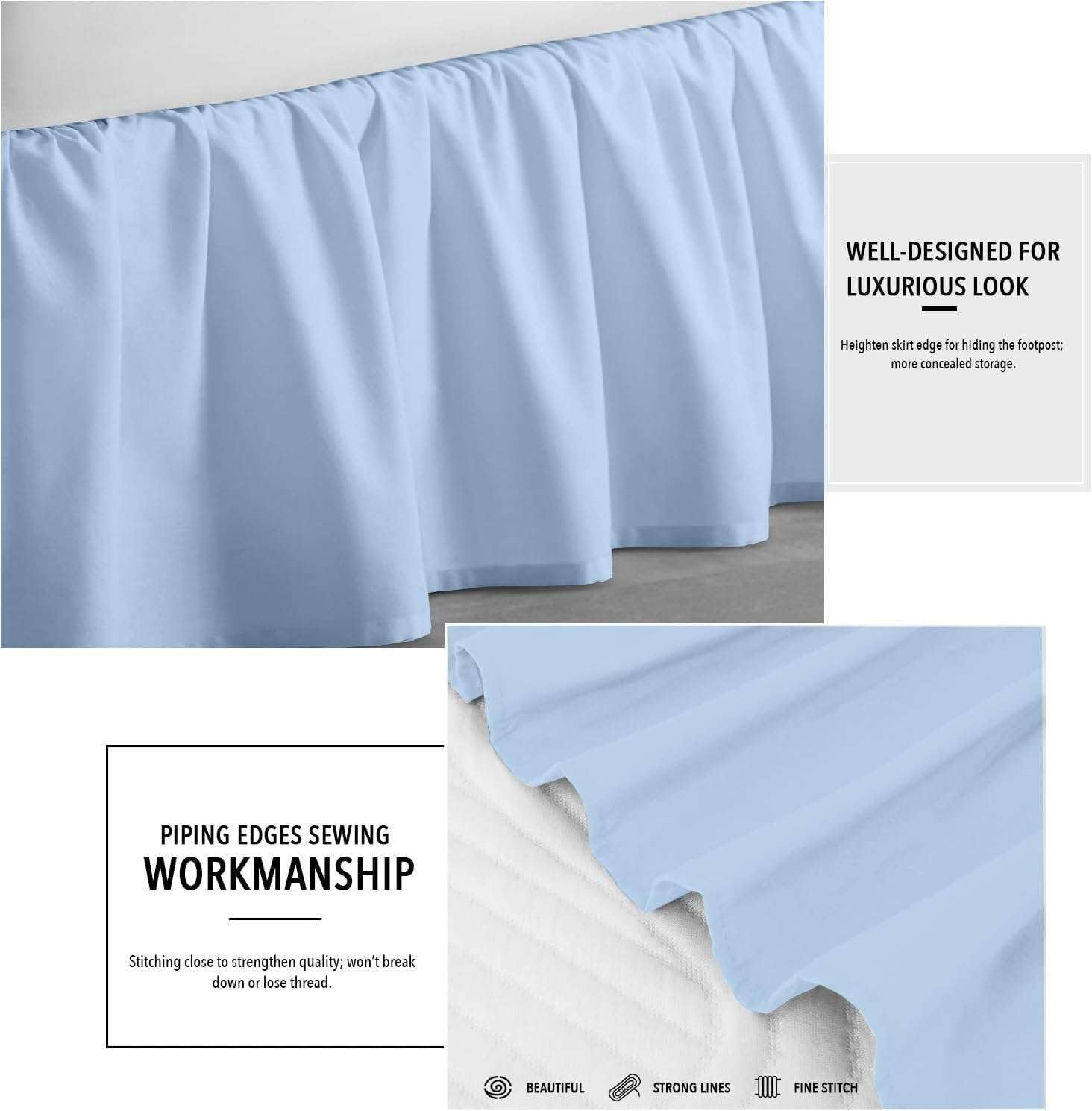 Light Blue Solid Ruffled Bed Skirt Twin-18 Inch Drop Split Corner, Microfiber Bedskirt with Platform Three Sided Coverage