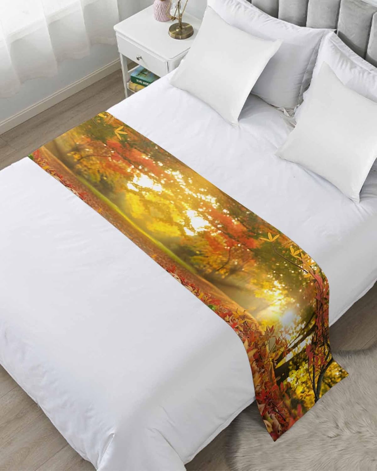 Orange Autumn Leaves Bed Runner Scarf Full Queen Size, Fall Trees Forest Country Rustic Luxury Bed Throw Runners & Scarves for Twin Full Queen King Foot of Bed, Bedroom Hotel Decoration, 83"x20"