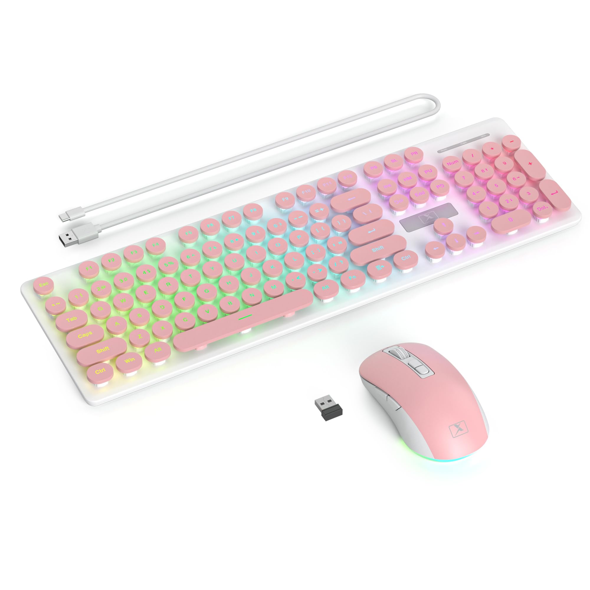 SOLIDEE Ensemble Clavier et Souris sans Fil Rétroéclairés, Clavier Type Machine à Écrire Lumineux Rechargeable 2.4GHz, Touches Rondes Rétro Silencieuses sans Fil avec Récepteur USB(Pink)