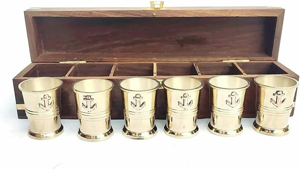 Nautical Marine Solid Brass Shot Glasses (Set of 6) with Anchor Monogram Handmade Wooden Box. (Replica)