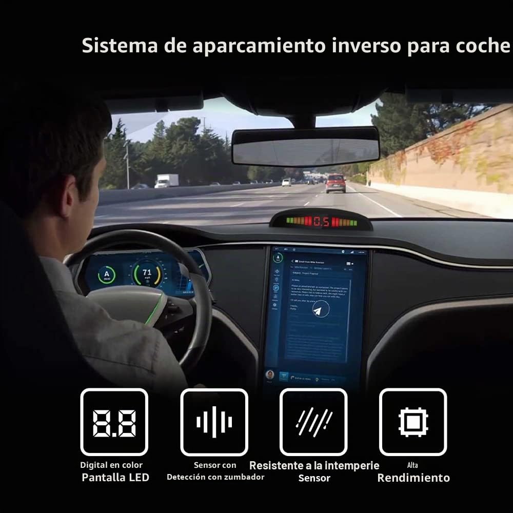 Kit De Asistencia De Aparcamiento Inalámbrico | Radar De Marcha Atrás con 4 Sensores PDC | Pantalla LED con Aviso Acústico, Sin Cableado, Fácil Instalación, Azul