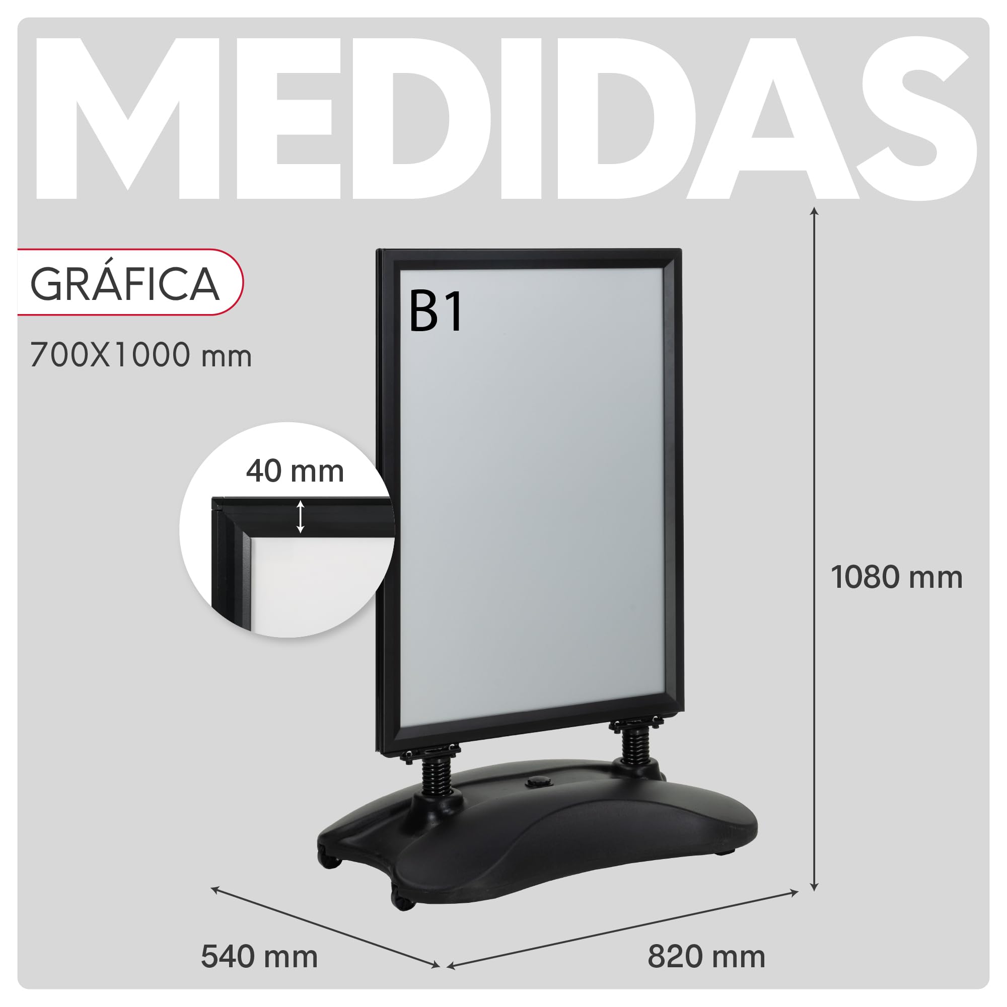 Soporte para Carteles Doble Cara | Expositor de Póster con Marco de Aluminio | Caballete con Base Rellenable y Ruedas | Soporte Publicitario Interiores y Exteriores (Negro, B1(70x100cm))