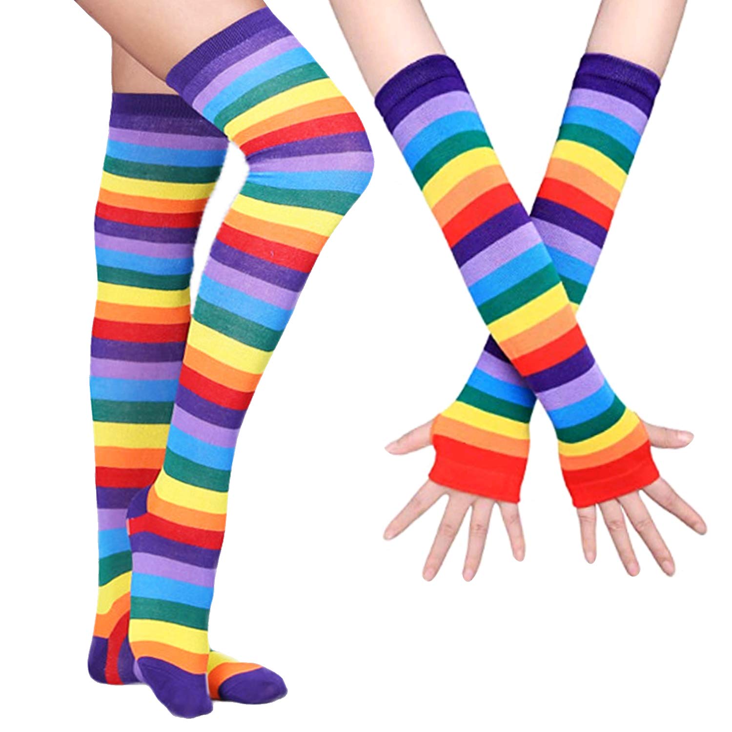 SherryDC Womens Girls Cosplay Rainbow Striped Knee High Socks Leg Arm Warmer Fingerless Gloves Set