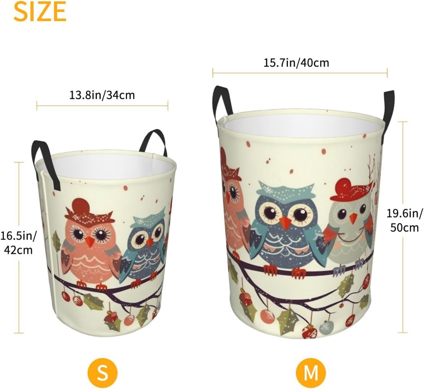 Cute Christmas Owls on Branch Laundry Basket With Handles, Foldable Laundry Hamper Oxford Cloth Dirty Clothes Basket Waterproof Clothes Toys Storage Bin Organizer for Bedroom Bathroom Dorm