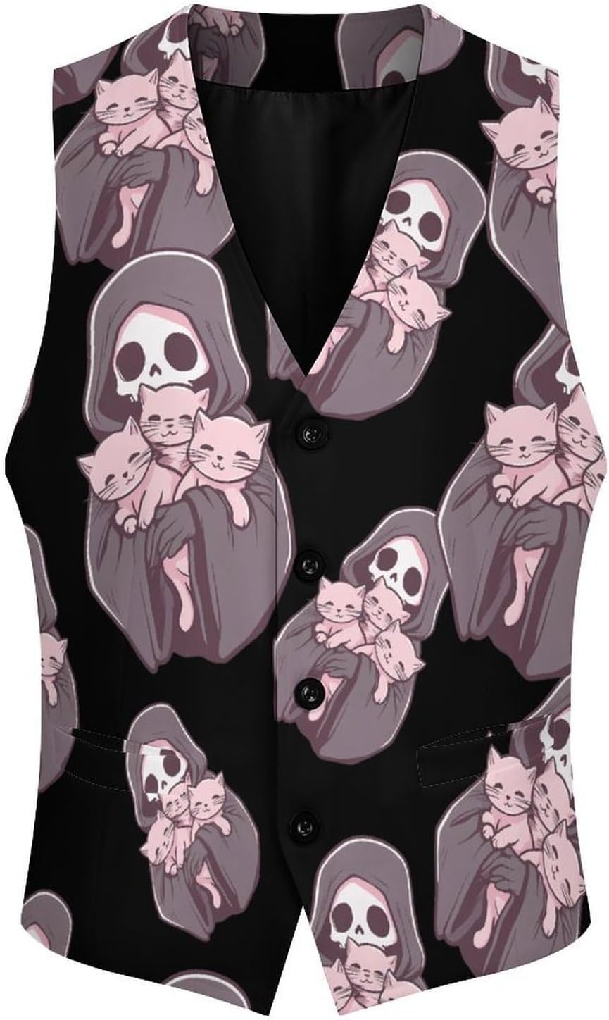 Grim Reapers And Her Cats Casual Suit Vest for Men Formal Business Dress Regular Fit Waistcoat Tuxedo