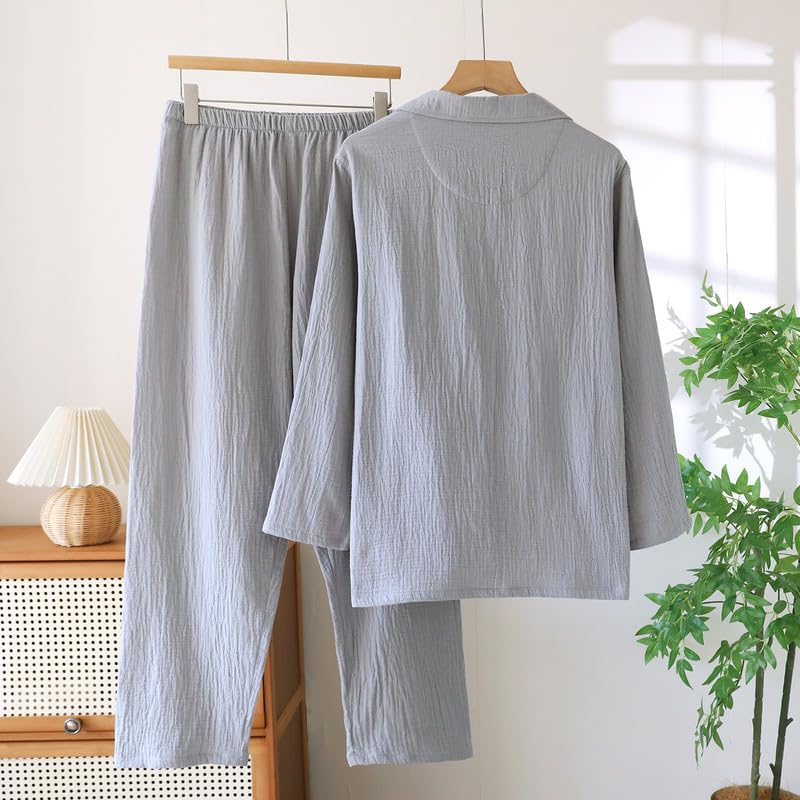 Shanghai Story Men's Cotton Gauze Pajama Set Lightweight Long Sleeve Sleepwear Spring Fall Lounge Set2