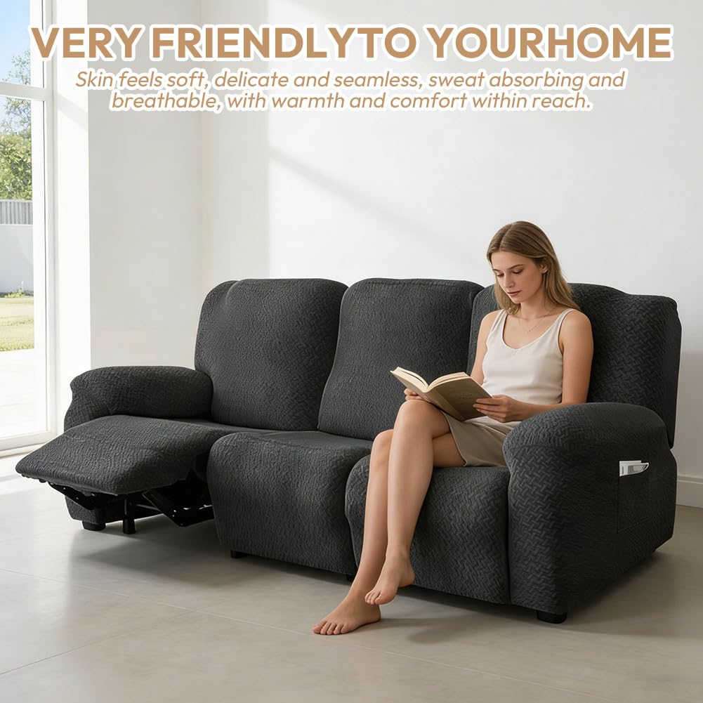 Paquete de 8 fundas para sillón relax de 3 plazas, funda extensible todo en uno, lavables, con bolsillos, funda para sillón, para sillón de TV, tumbona (gris oscuro)