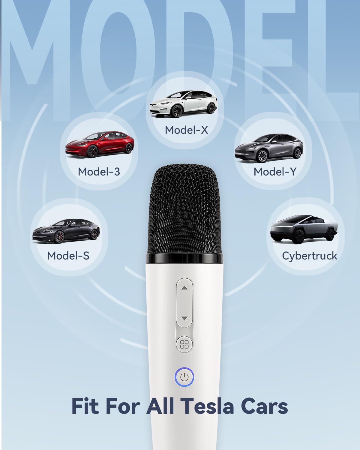 Image showing various Tesla models (Model X, Model 3, Model Y, Model S, Cybertruck) around a microphone, indicating compatibility.