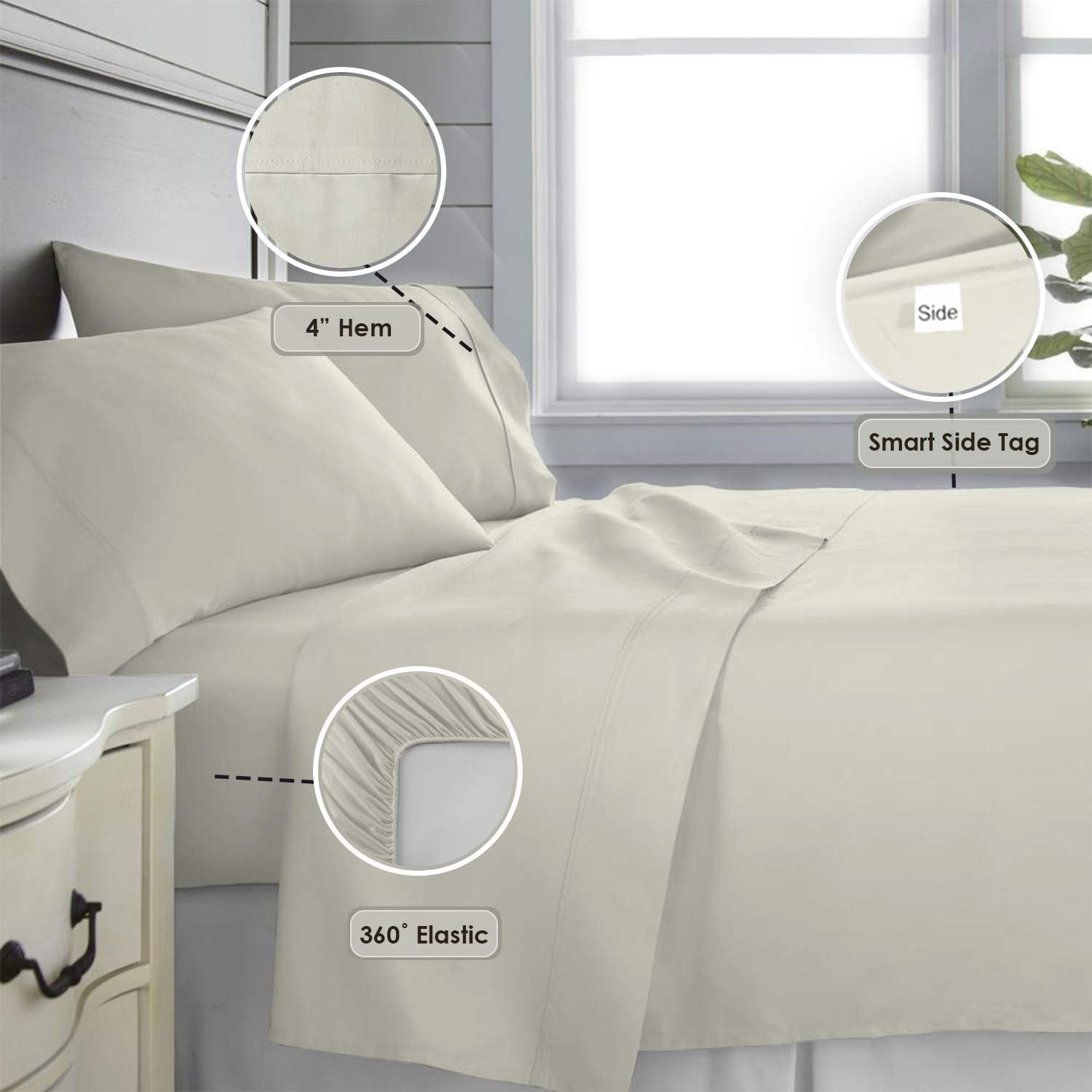 Pizuna Pure 100% Cotton Sheets - Full Size, 600 Thread Count Sateen with 15in Deep Pocket - Natural Grey