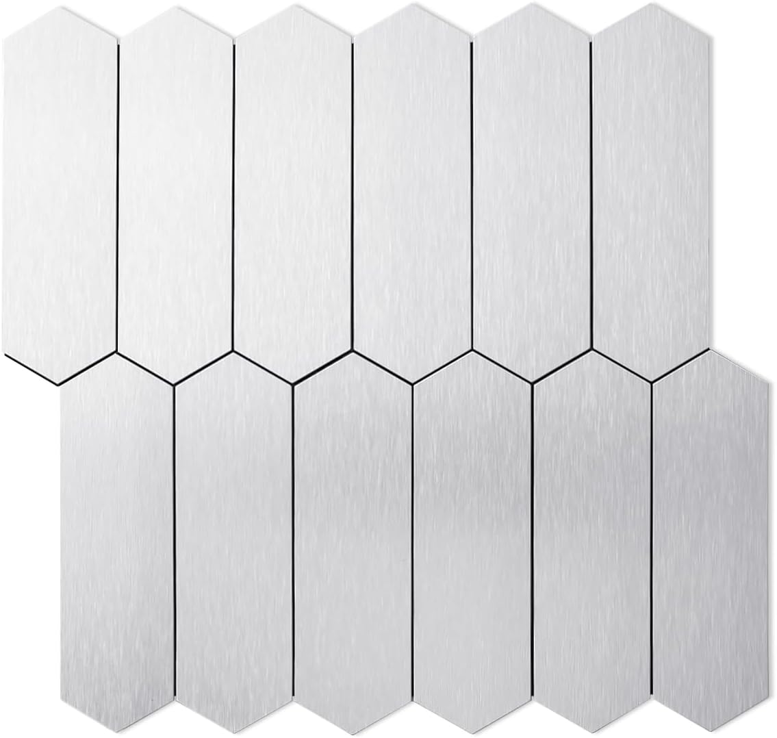 DICOFUN 10 Sheets Brushed Metal Long Hexagon Peel and Stick Backsplash, 12"x12" PVC Stick on Backsplash Wall Tiles for Kitchen and Bathroom
