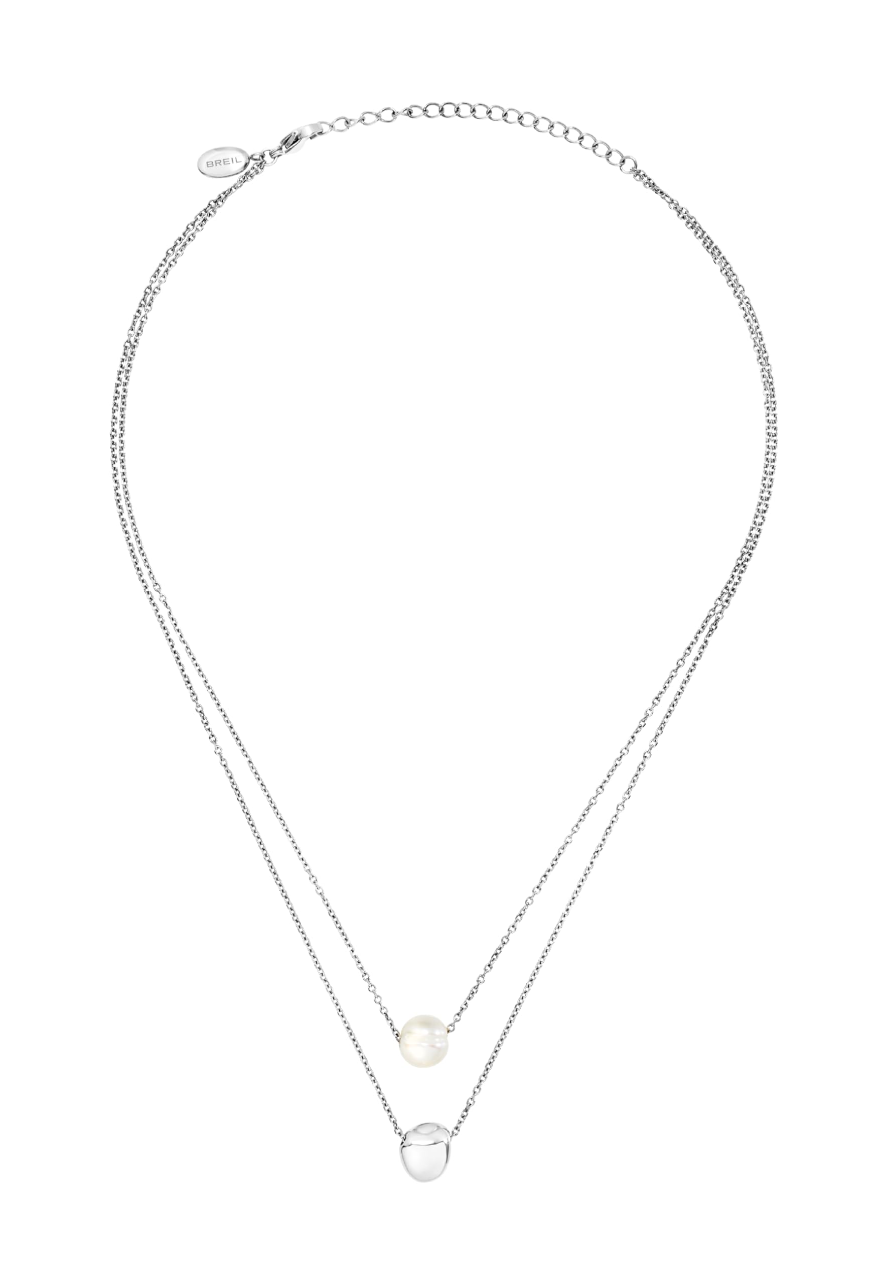 Breil, Collezione B Rocks, Collana da Donna in Acciaio con Perla Naturale di Acqua Dolce e Boule in Acciaio Lucido, Chiusura a Moschettone, Lunghezza Regolabile