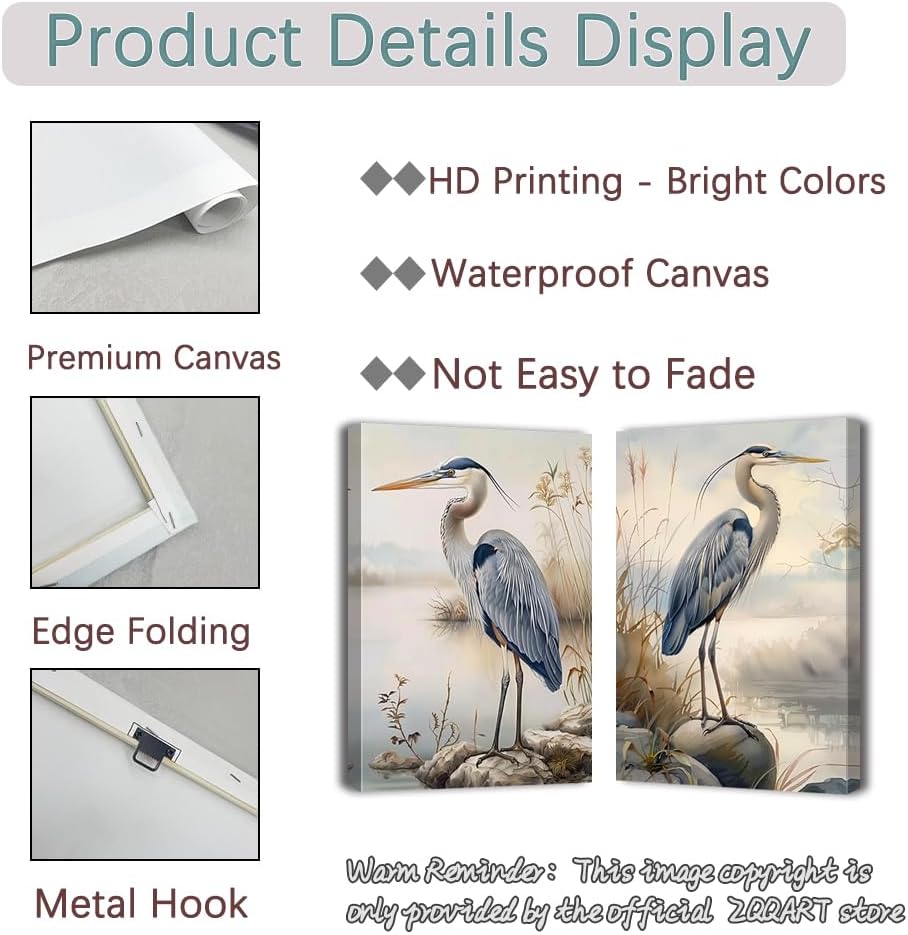 ZQQART 2 Pieces Blue Heron Canvas Wall Art Heron on Beach Canvas Painting Art Coastal Birds Picture Prints Farmhouse Bathroom Wall Decor Framed(White,12.00"x16.00"x2Pcs)